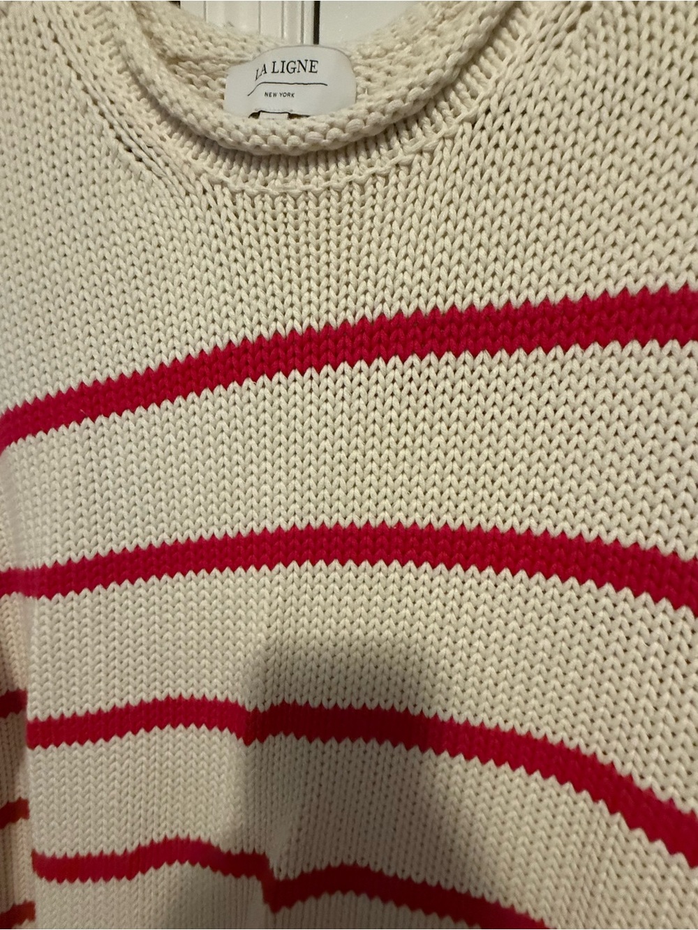 La Ligne Cream & pink  Striped Knit  Cotton Sweater - Picture 3 of 4